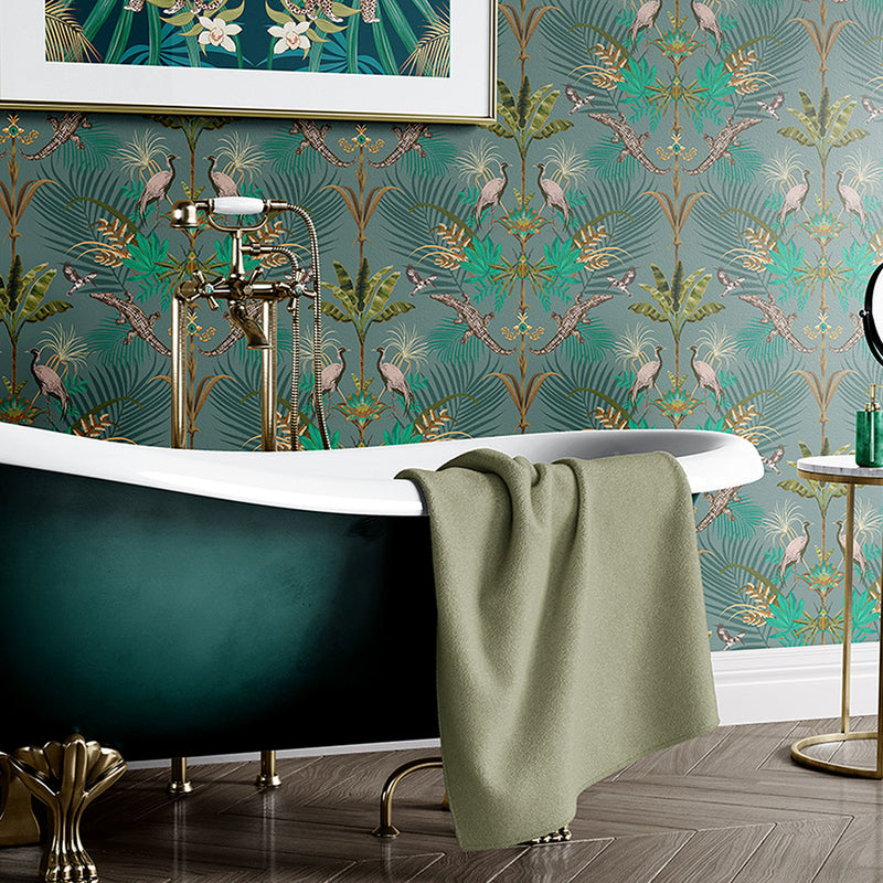Bathroom Wallpaper Green Teal Botanical by Designer, Becca Who