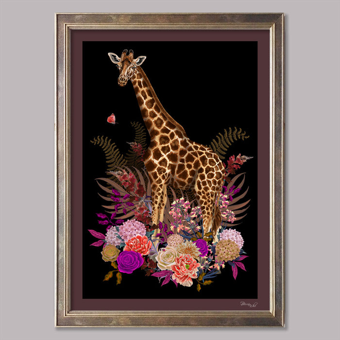 Giraffe Wild Blooms in Pinks & Black | Wall Art Print