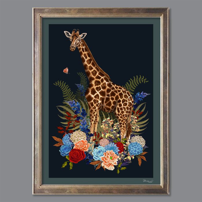 Giraffe Wild Blooms in Navy Blue | Wall Art Print