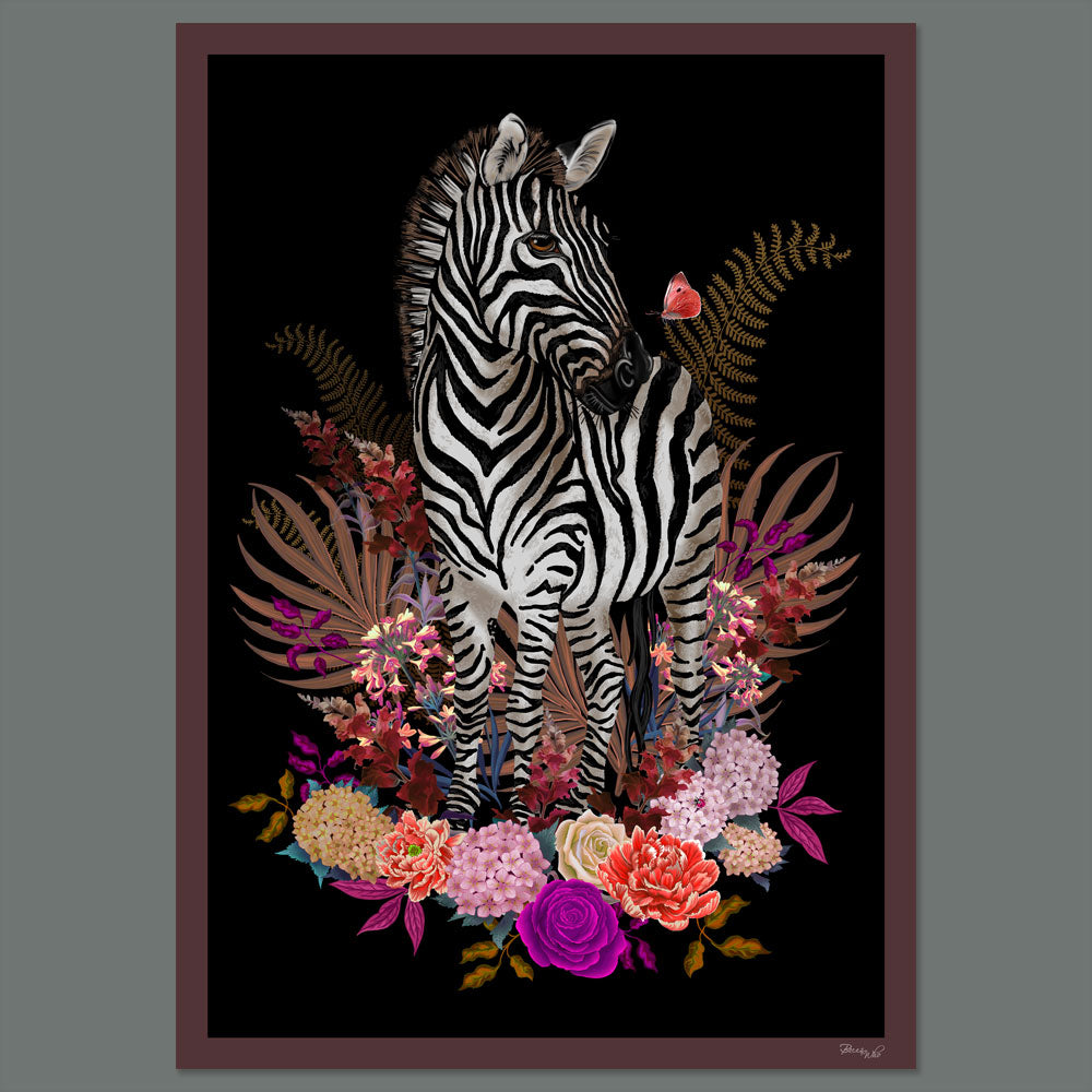 Zebra Wild Blooms in Pinks & Black | Wall Art Print