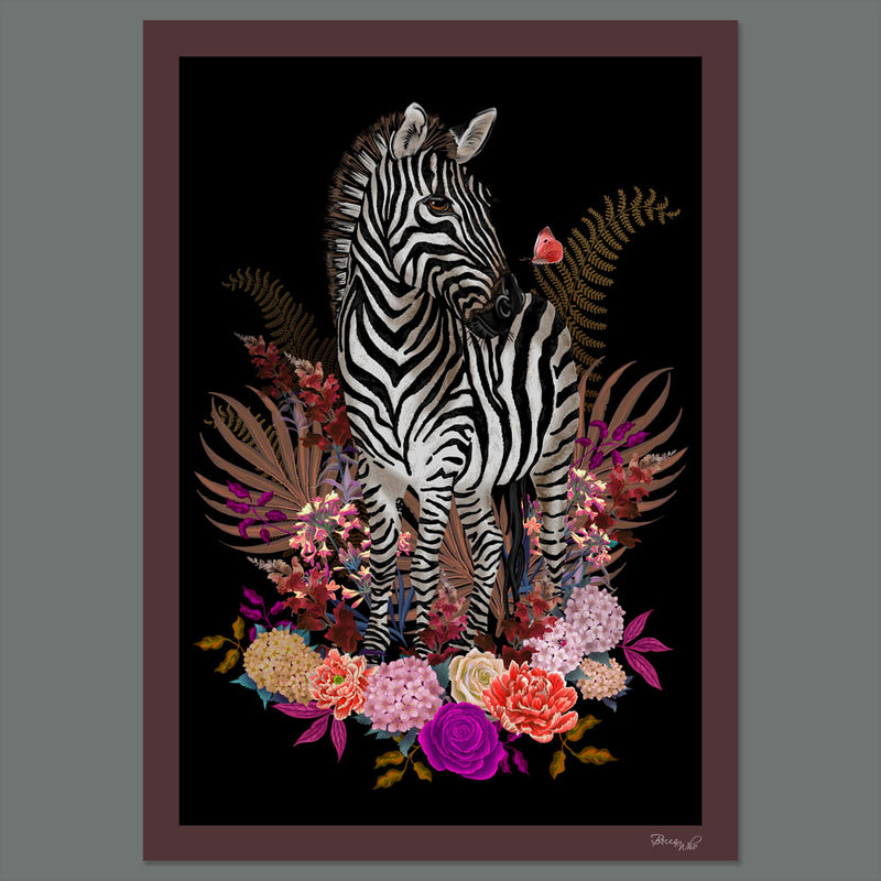 Zebra and Flowers Animal Wall Art Print in Pink and Black by Designer, Becca Who
