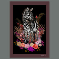 Zebra and Flowers Wall Art Print in Pink, Plum and Black by Designer, Becca Who