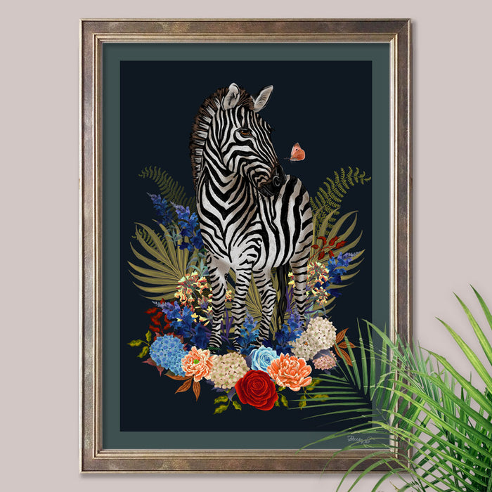 Zebra Wild Blooms in Navy Blue | Wall Art Print