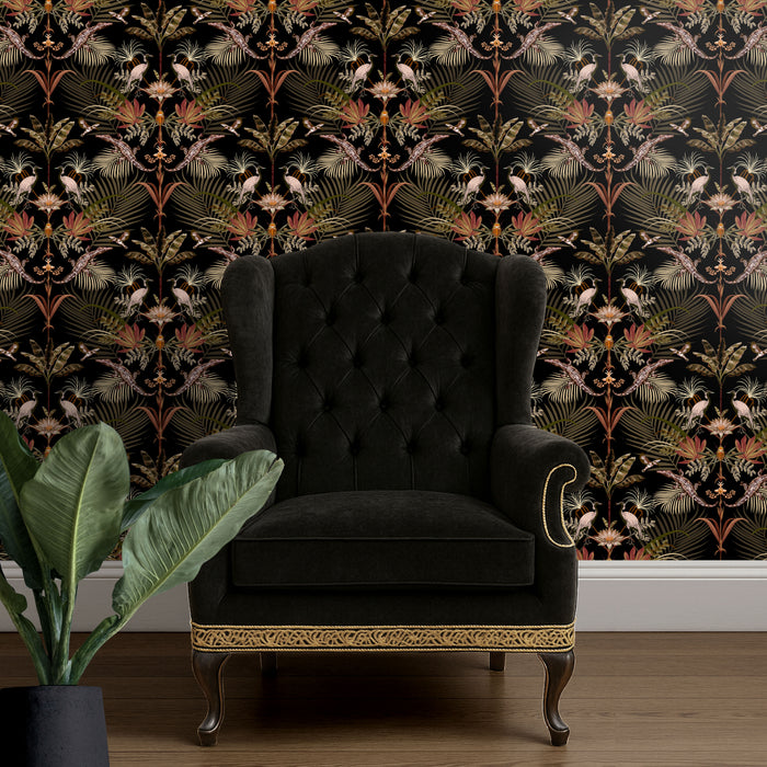 Bold Patterned Crocodilia Wallpaper in Black and Gold by Designer, Becca Who