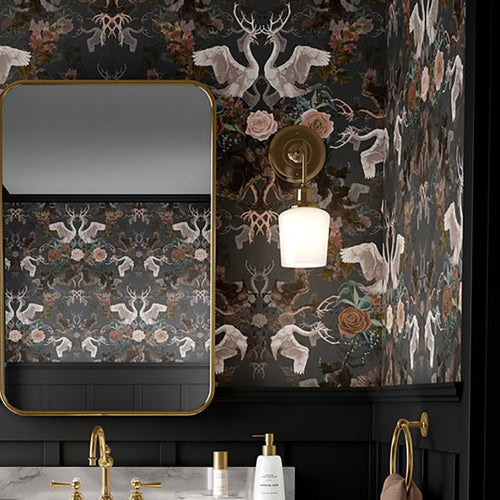 Luxury Dark Floral Wallpaper with Swans by Designer Becca Who