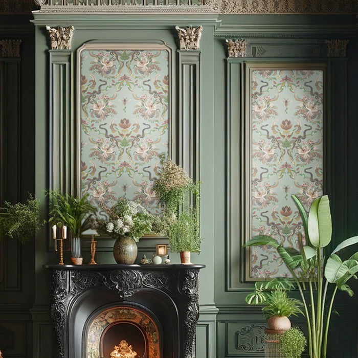 Pale Green Luxury Designer Wallpaper in Elegant Living Room by Becca Who