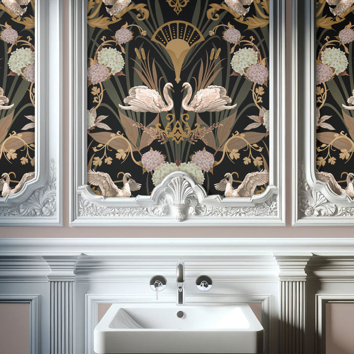 Art Deco Wallpaper Luxury Wall Decor for Interiors with Swans in Pink and Charcoal by Designer, Becca Who
