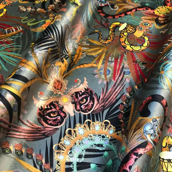 Jade Green Statement Velvet Fabric Patterned with Jungle Print for Unusual Upholstery, Curtains and Soft Furnishing by Designer, Becca Who