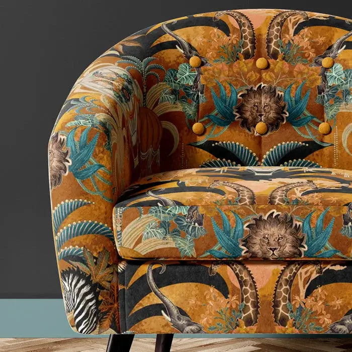 Bold African Animals Furnishing Fabric in Mustard Yellow for Dramatic Interiors and Upholstery by UK Designer, Becca Who