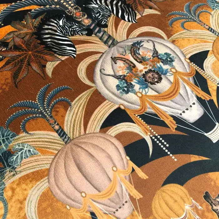 Bold Amber Yellow Velvet Fabric with Balloon Safari Animals for Upholstery and Furnishing by UK Designer, Becca Who