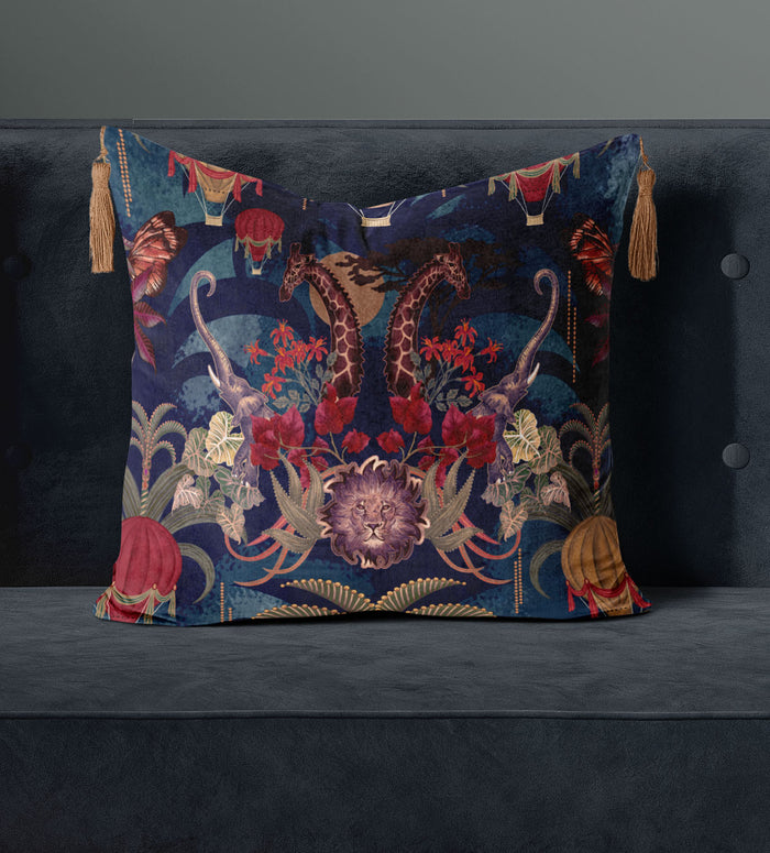Sapphire Blue Velvet Furnishing Fabric with African Animals by UK Designer, Becca Who
