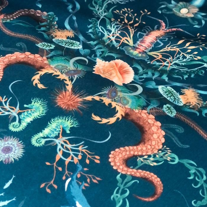 Bright Blue Ocean Patterned Velvet Fabric for Interiors by Designer, Becca Who