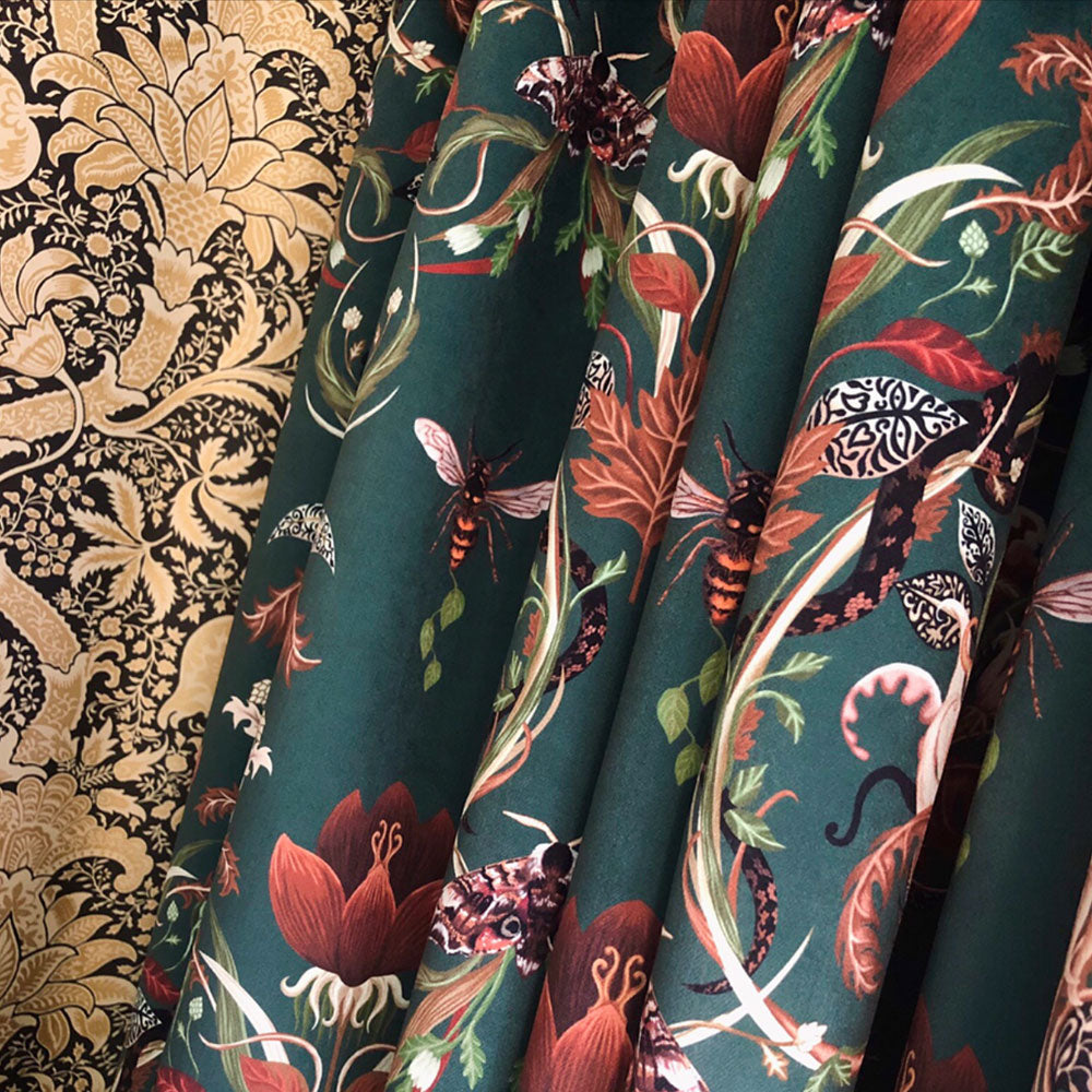 Dark Green Floral Snakes Patterned Velvet Fabric for Curtains by Designer, Becca Who