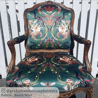 Forest Green Patterned Luxurious Upholstery fabric by Designer, Becca Who, on traditional chair