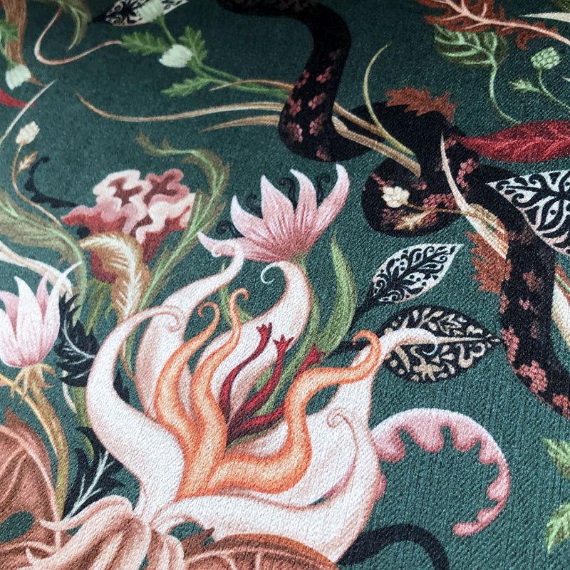 Dark Green Snakes Patterned Velvet Fabric for Upholstery & Soft Furnishings by Designer, Becca Who