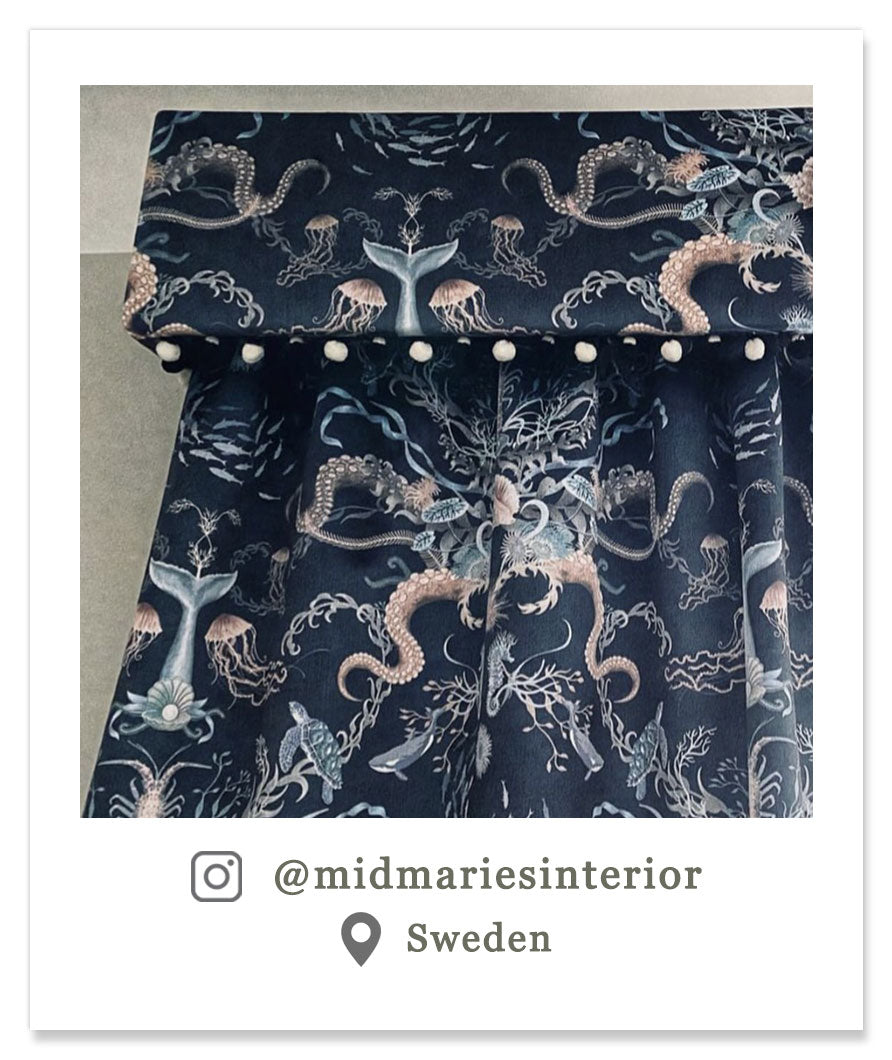 Designer Curtain Fabric Dark Blue Velvet with Ocean Pattern by Designer Becca Who