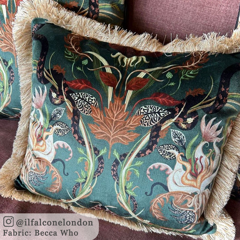 Forest Green velvet Fabric by Designer, Becca Who, on cushion