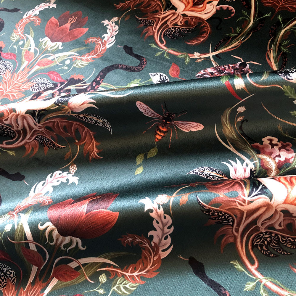 Dark Green Patterned Snakes Velvet Fabric for Upholstery & Soft Furnishings by Designer, Becca Who