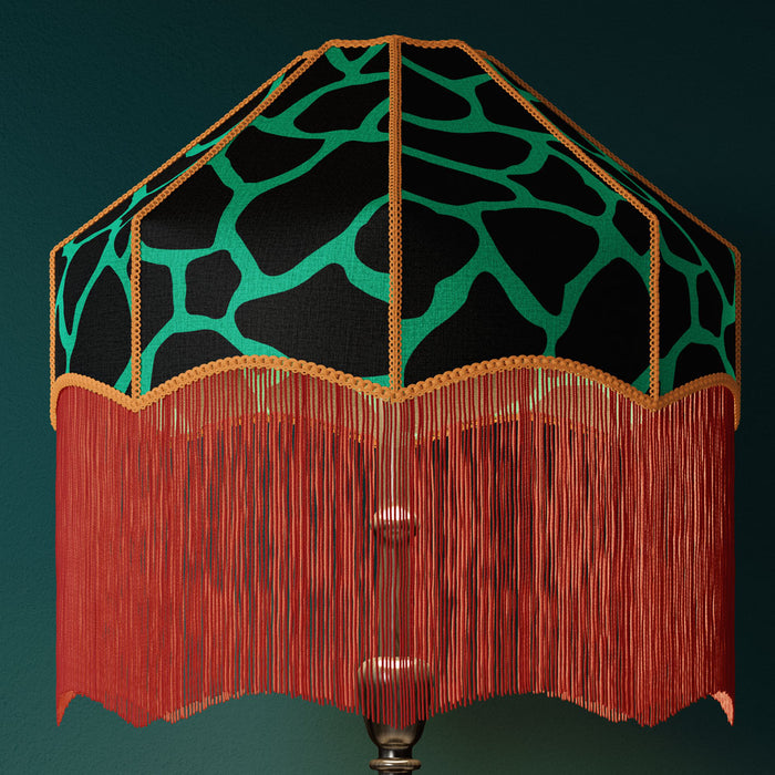 Bold Giraffe Animal Print Velvet Furnishing fabric in Green & Black on Lampshade