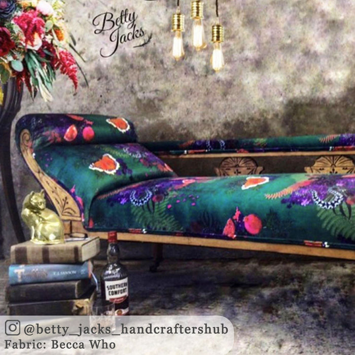 Dark Green Snakes Bold Patterned Velvet Fabric by Designer, Becca Who, on Chaise Longue