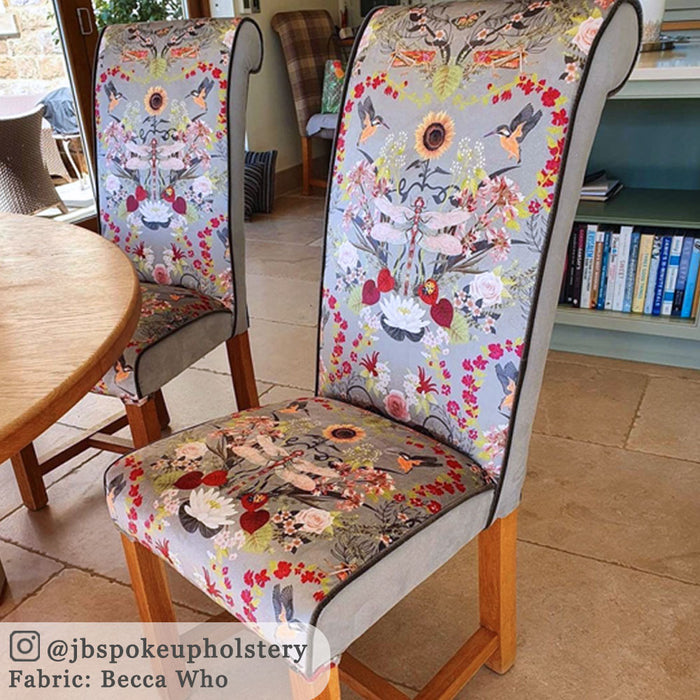 Pink & Grey Patterned velvet upholstery fabric by Designer, Becca Who, on dining chairs