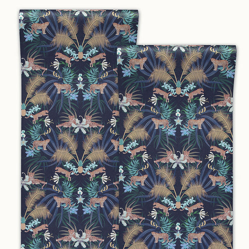 Navy Blue Leopards Patterned Designer Wallpaper by Becca Who