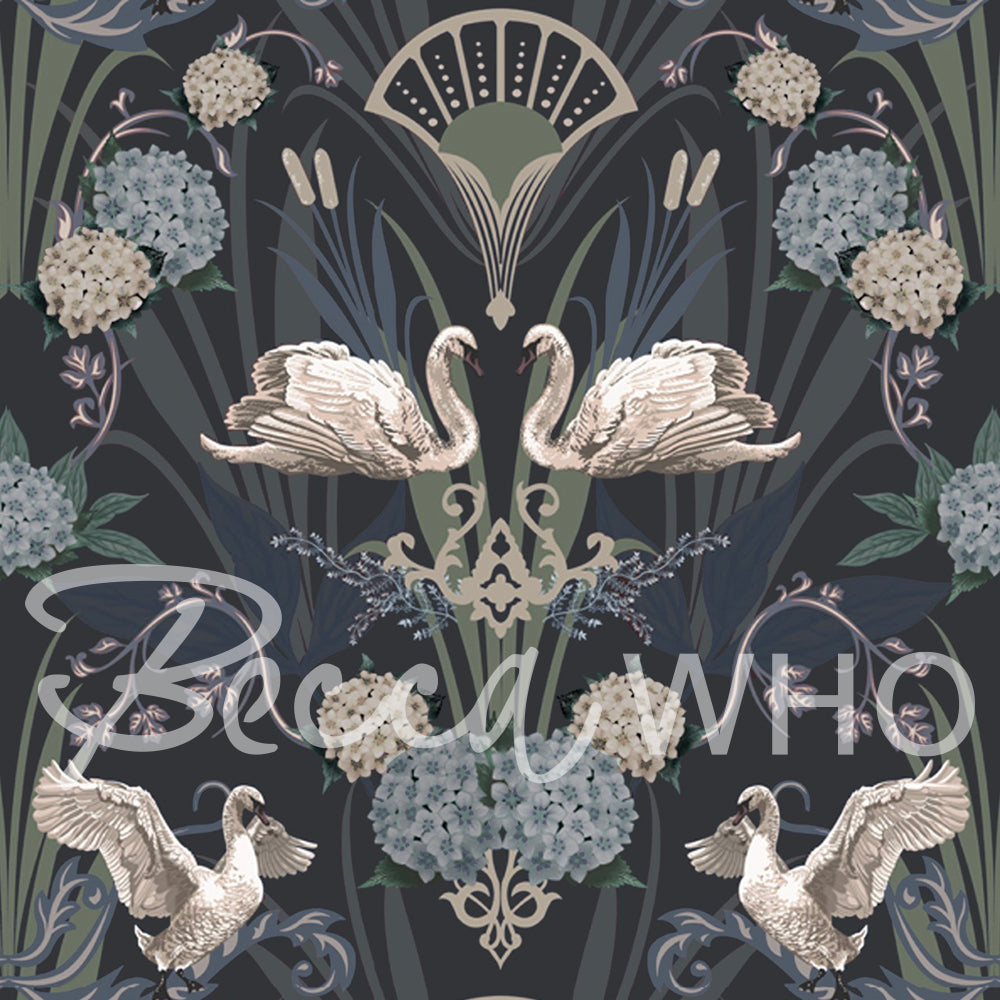 Art Deco Wallpaper Design in Deep Blue with Swans by Designer, Becca Who