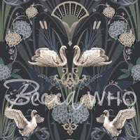 Art Deco Wallpaper Design in Deep Blue with Swans by Designer, Becca Who
