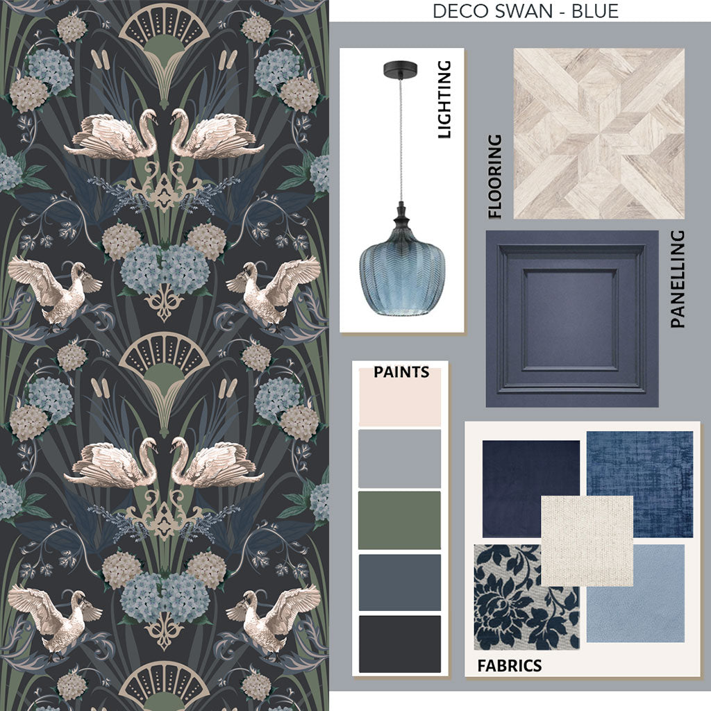 Art Deco Luxury Designer Wallpaper Decor in Midnight Blue with Swans by Becca Who