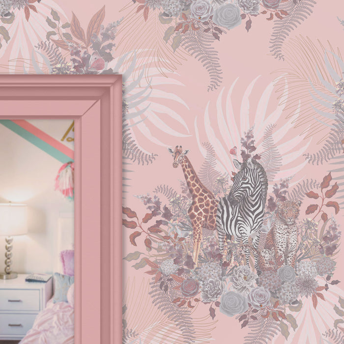 Pretty Bedroom Wallpaper in Peach with Animals by Designer, Becca Who
