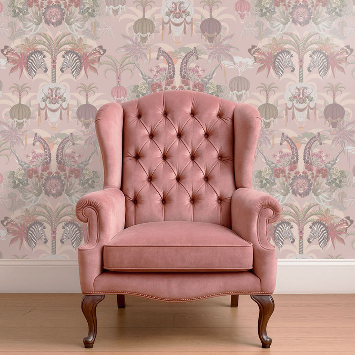 Pretty Pink Peach African Animals Bedroom Wallpaper by Designer, Becca Who