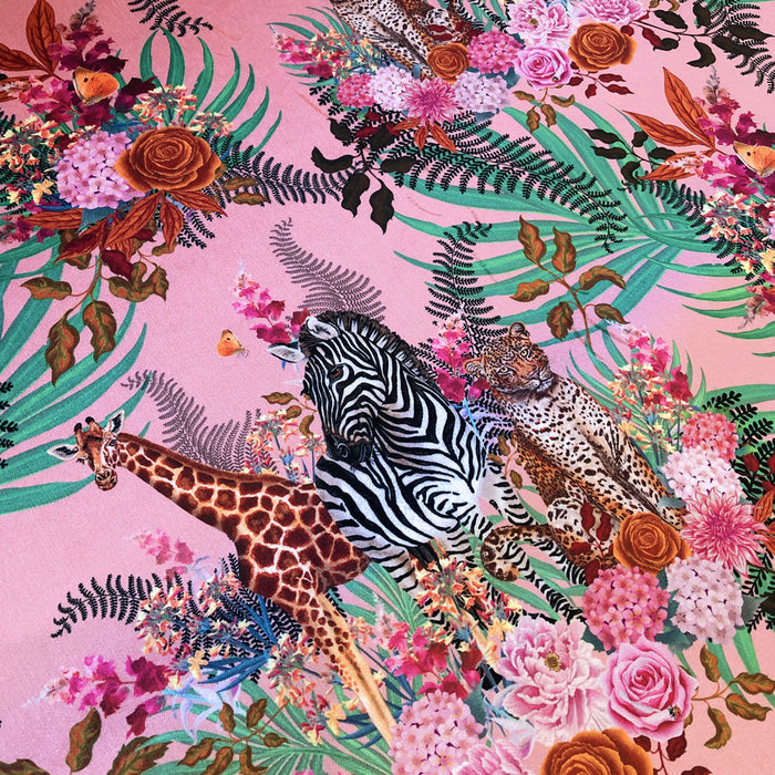 Pink Patterned Designer Upholstery Fabric with African Animals and Floral by Becca Who