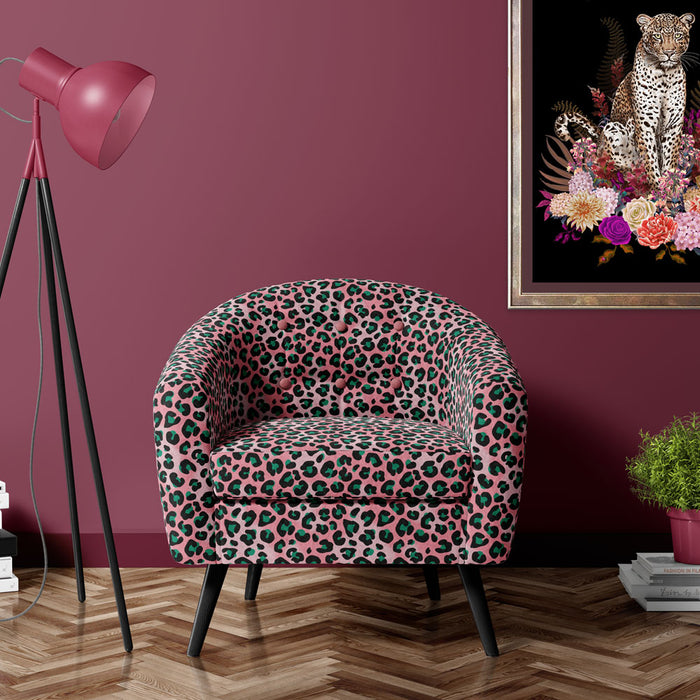 Pink Leopard Print Velvet Upholstery Fabric on Statement Chair by Designer, Becca Who