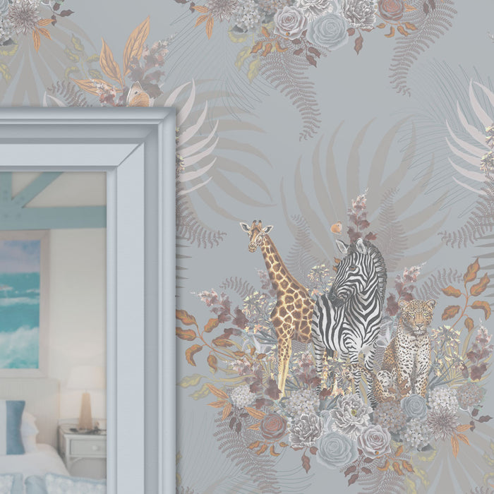 Pale Blue Patterned Designer Nursery Wallpaper with African Animals