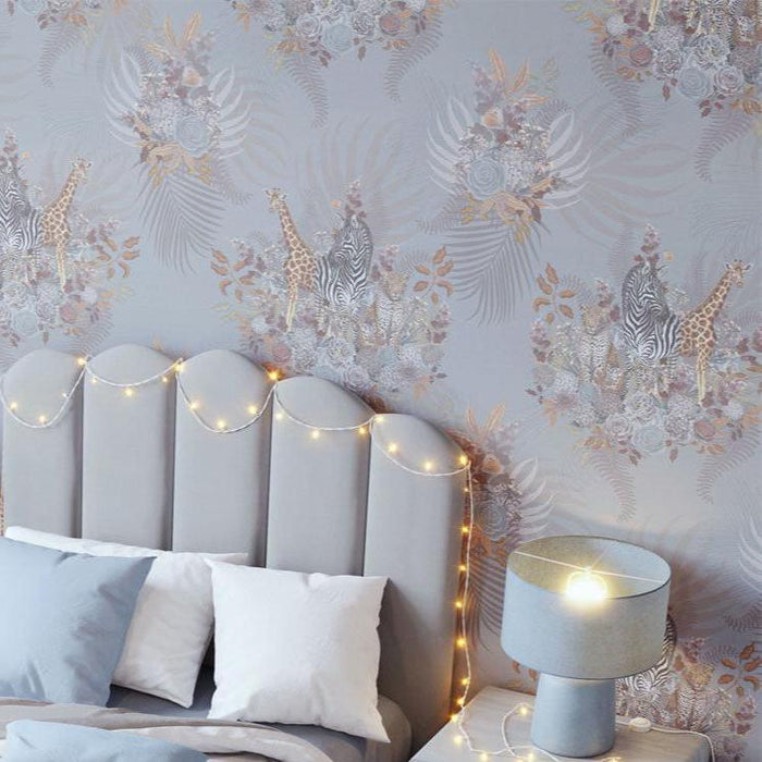 Pale Blue Patterned Designer Bedroom Wallpaper with African Animals