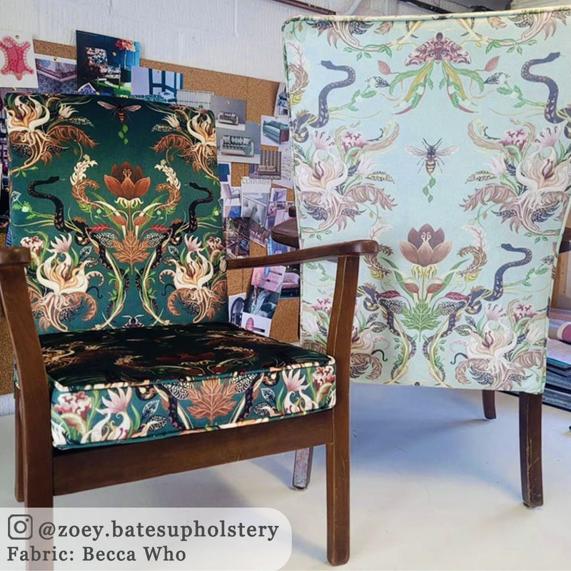 Snakes Patterned Velvet Fabric by Designer, Becca Who, upholstered onto Chairs