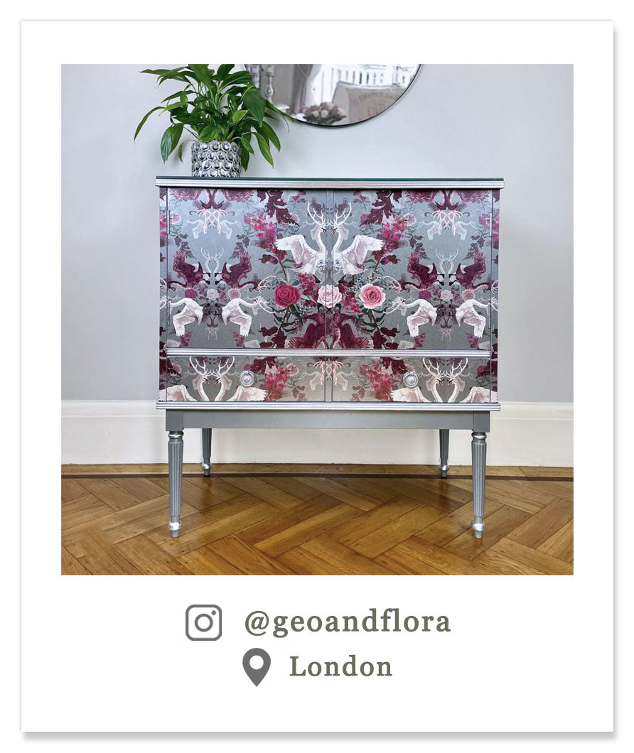 Pink and Silver Grey Swans Wallpaper by Designer Becca Who on Upcycled Cabinet