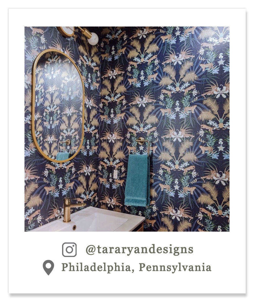 Navy Blue Leopards Wallpaper by Designer Becca Who in Bathroom