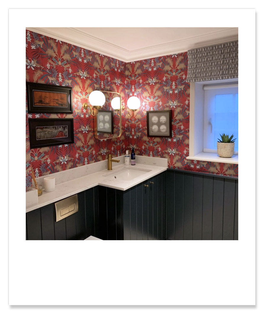 Red and Gold Luxury Wallpaper by Designer Becca Who in Bathroom