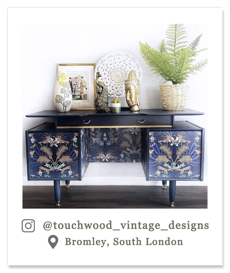 Blue and Gold Luxury Wallpaper by Designer Becca Who on Upcycled Cabinet