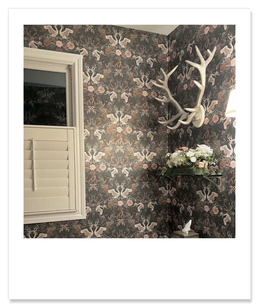 Dark Floral Swans Wallpaper in Bathroom by Designer Becca Who