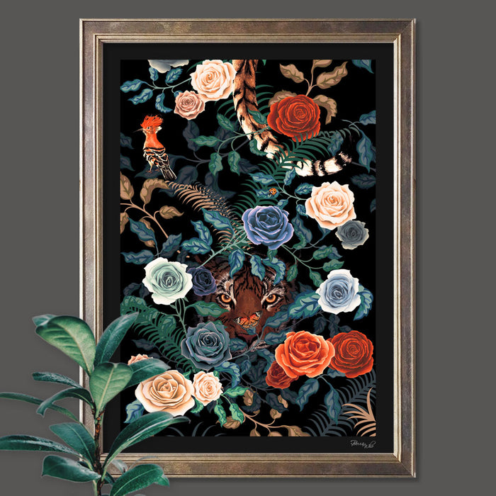 Bengal Rose Garden on Black | Wall Art Print