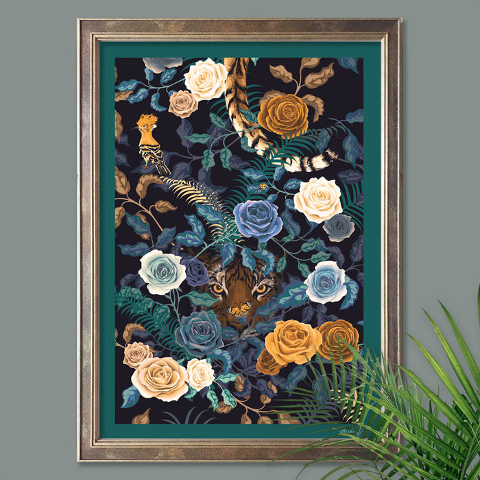 Bengal Rose Garden in Midnight Blue | Wall Art Print