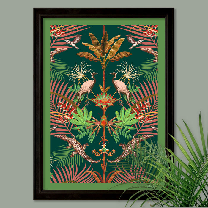 Crocodilia in Green & Coral | Wall Art Print