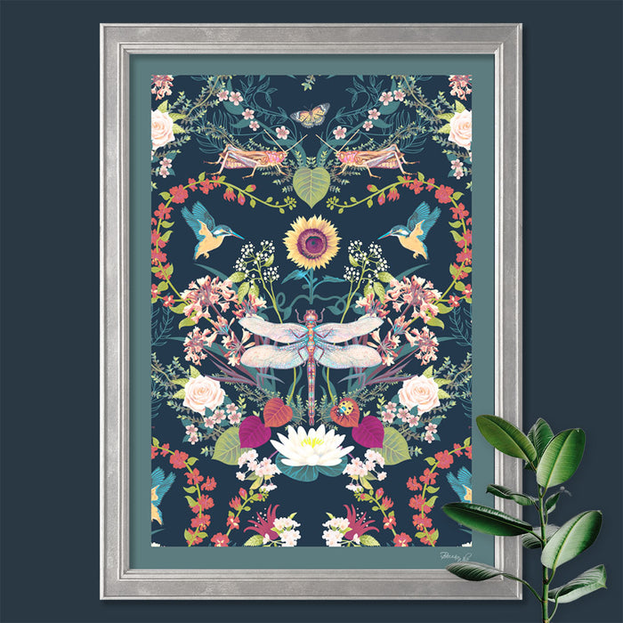 Garden Treasures in Navy | Dragonfly Wall Art Print