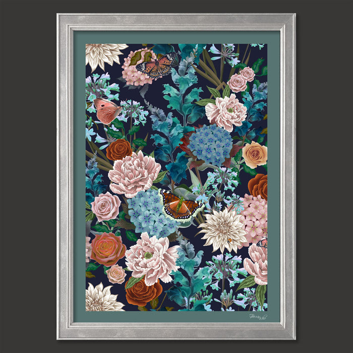 Flowerbed in Blue & Blush Pink | Wall Art Print