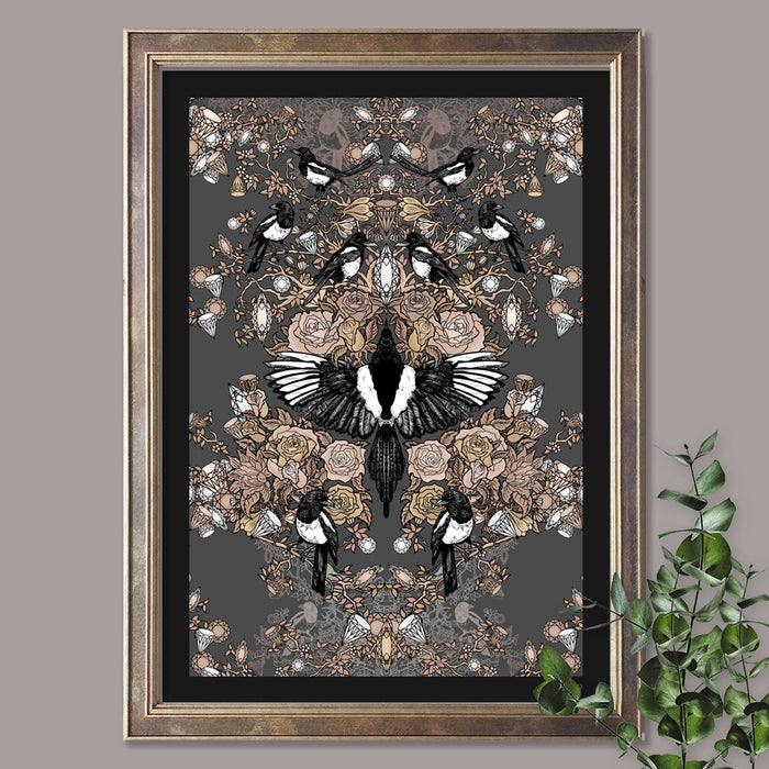 Magpie Love in Charcoal | Art Print