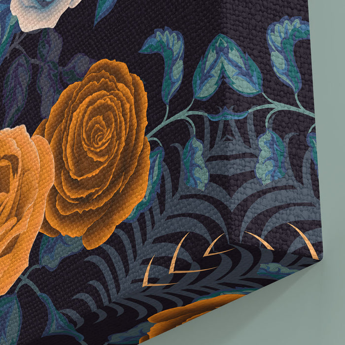 Framed Canvas Print in Blue & Yellow with Tiger Floral Details by Designer, Becca Who