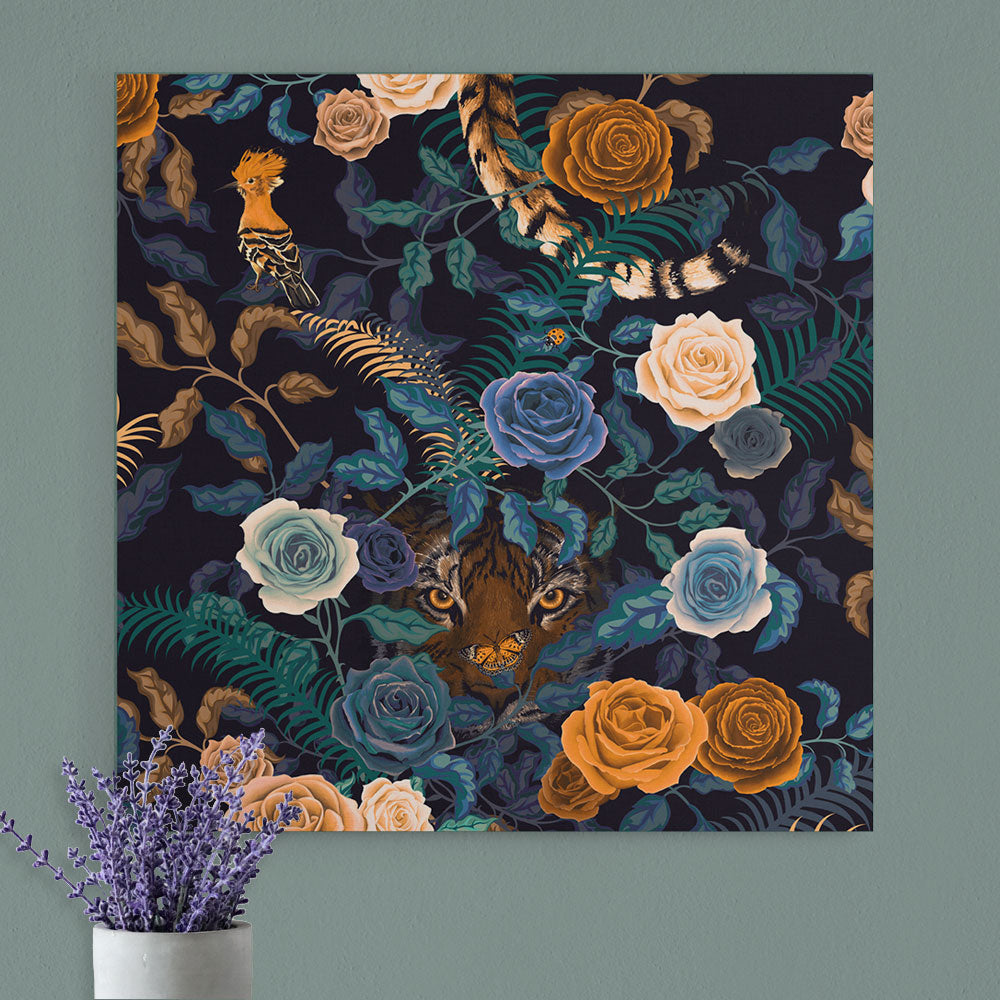 Framed Canvas Print in Blue & Yellow with Tiger & Roses by Designer, Becca Who