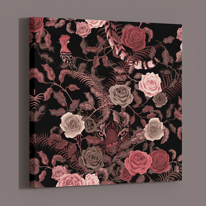 Framed Canvas Print Wall Art in Pink & Black with Floral & Tiger by Designer, Becca Who